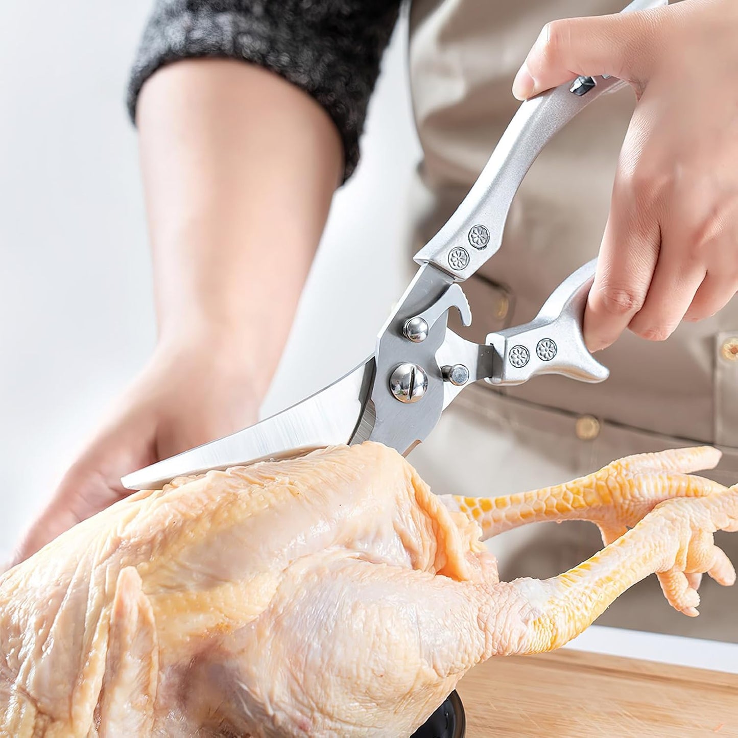 Zicolu Poultry Shears Heavy Duty Professional, Multipurpose Kitchen Shears with Sheath, Spring-Loaded Stainless Steel Chef Scissors Cutting Bone, Chicken, Fish, Food, Meat, Full Steel Handle Silver