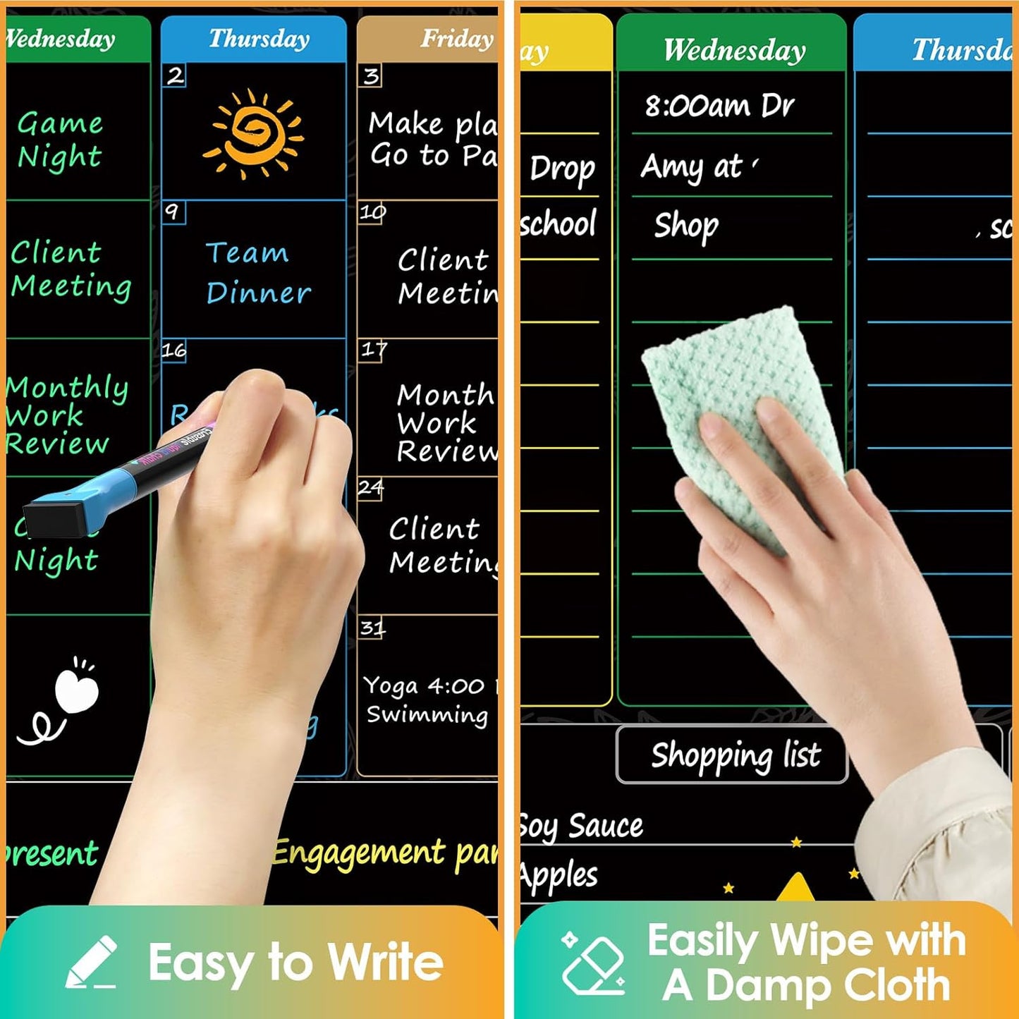 MaxGear Black Weekly Dry Erase Board,16"x12" Magnetic Whiteboard Meal Planner Blackboard for Fridge, Chalkboard Calendar Menu Planning Board Notepad for Kitchen with 7 Markers and 1 Eraser