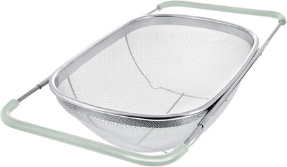 AJIODA Over The Sink Colander, 4 Quarts Stainless Steel Oval Colander with Expandable Rubber Grip Handle, Fine Mesh Strainer Baskets Kitchen Colanders for Strain, Drain, Rinse Vegetable, Fruits, Black