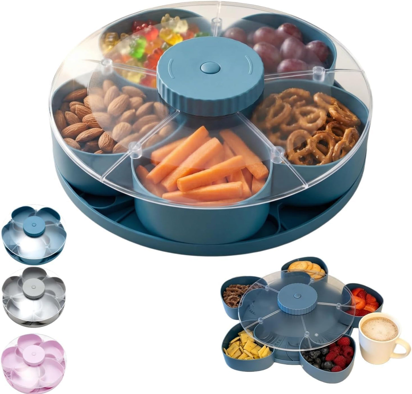 Divided Serving Tray That Spins - Perfect for Snacks, Dips & Party Appetizers, Rotating Snack Box Container with Lid, Lazy Susan Organizer Veggie Fruit Tray for Kitchen,Travel and Picnic (Blue)