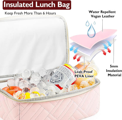 Double Deck Lunch Box Bag Women - Vegan Leather Insulated Waterproof Leakproof Cooler for Work Travel Picnics - Teacher Mothers Day Christmas Birthday Gifts