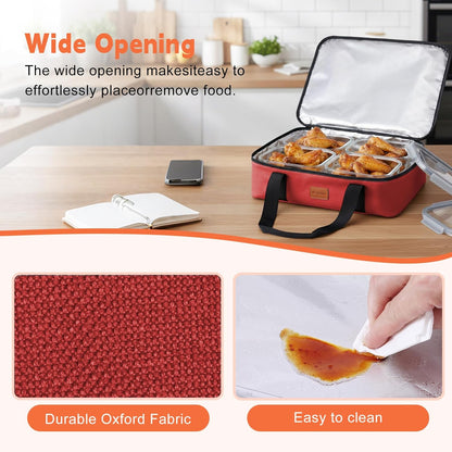 Insulated Casserole Carrier, Double Decker Food Carriers for Hot or Cold Food, Portable Leakproof Thermal Bag for Travel/Potluck Parties/Picnic/Cookouts (Red)