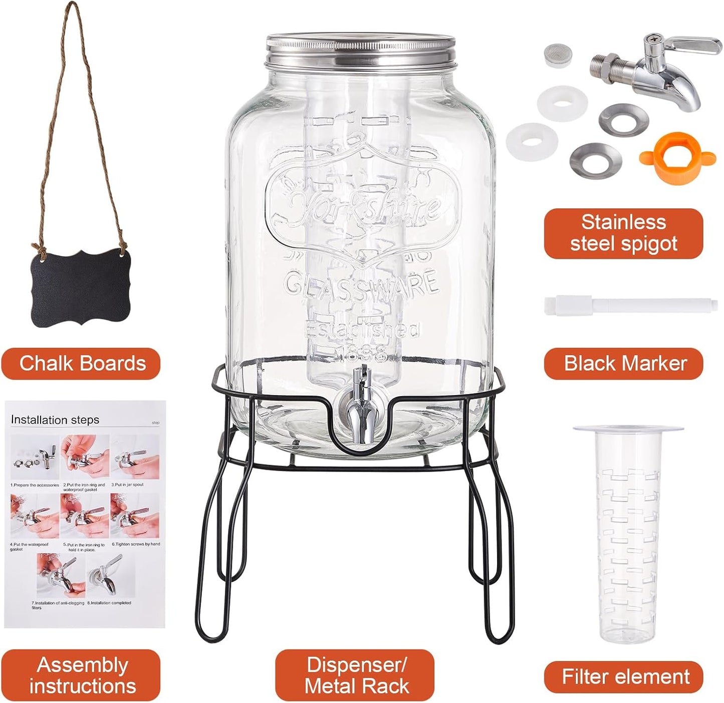 1 Gallon Glass Drink Dispensers for Parties, 2 Pack Beverage Dispenser with Stand, Fruit Infuser & Leakproof Stainless Steel Spigot, Juice Dispenser for Lemonade, Iced Tea, Sun Tea & Infused Water