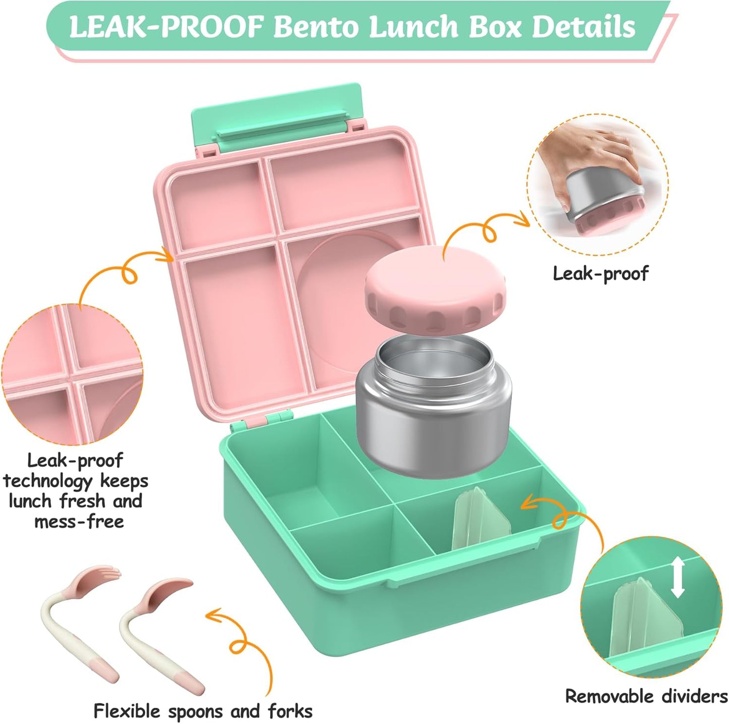 Bento Lunch Box Set for Kids with 8oz Soup Thermo, Leak-Proof Lunch Containers with 4 Compartment, Thermo Hot Insulated Food Jar and Foldable Fork Spoon, for Kids to School (pale pink)