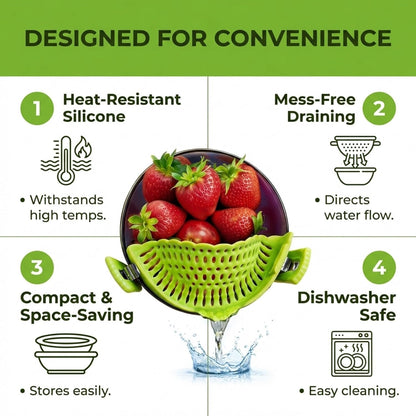 Performore Compact Universal Silicone Snap-On Pot Strainer | Heat-Resistant Clip-On Food Colander | BPA-Free Pasta, Vegetable & Soup Drainer | Dishwasher Safe Kitchen Tool