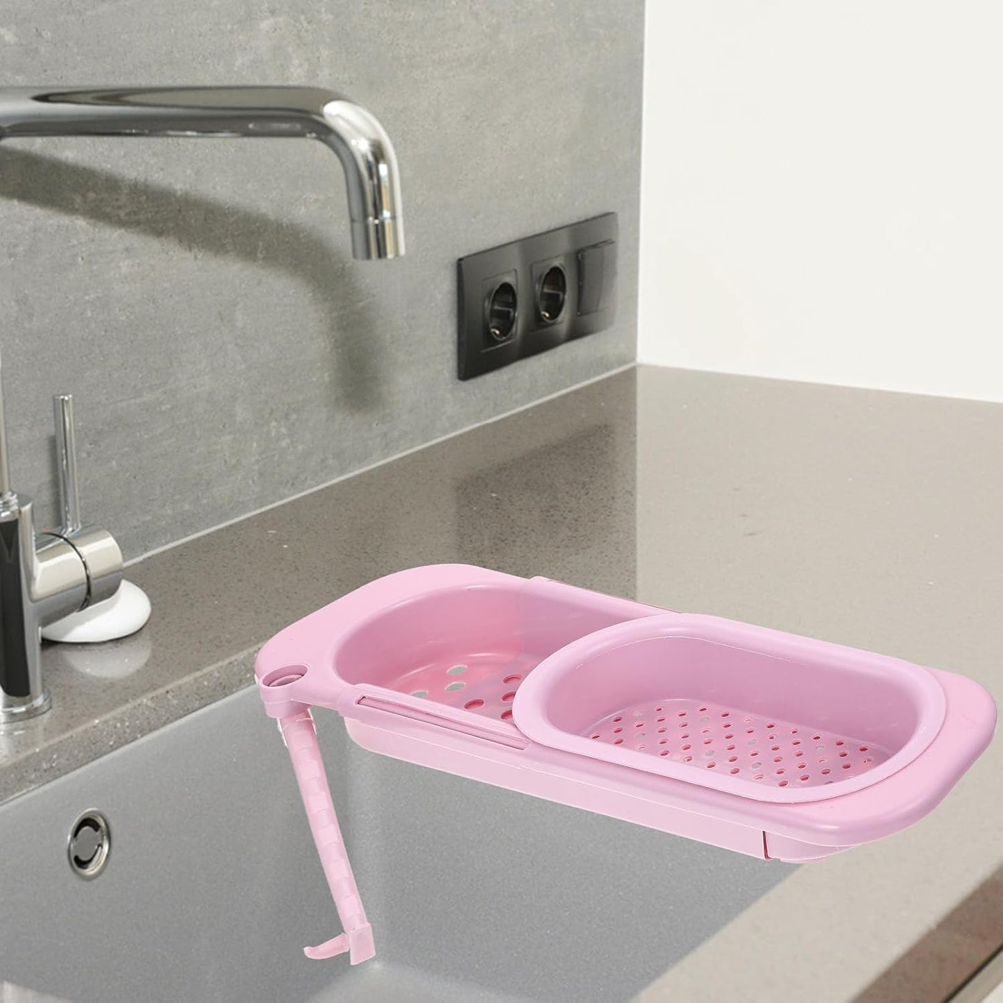 GALPADA Expandable over Sink Colander Strainer Basket, Pink Kitchen Sink Basket with Fine Mesh, Multifunctional Vegetable Washing and Dish Dry Rack for Food Drainage and Storage