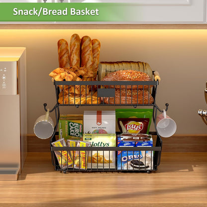 2 Tier Fruit Basket for Kitchen Counter with 2 Banana Hangers, Countertop Metal Bread Basket with Wooden Handle, Large Storage Stand for Vegetables, Snacks, Eggs, Produce Storage – Black