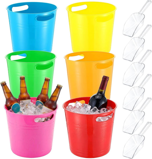 meekoo 6 Pcs Plastic Ice Buckets for Parties with 6 Scoops, 6L Colored Plastic Buckets with Handles Large Wine Bucket Portable Ice Holder Cooler for Party Wedding Beverage Champagne Soda Beer Drink