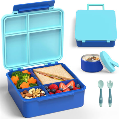 LOHASOK Bento Lunch Box Kids with 8oz Soup Thermo, Leak-Proof Lunch Containers with 4 Compartment, Thermo Hot Food Jar and Insulated Lunch Box for School Blue