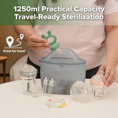 Haakaa Silicone Microwave Steamer & Steriliser Bag, 70oz/2000ml Large Capacity Reusable Steaming Bags for Baby Bottles, Breast Pump, Accessories, Pacifiers,Teethers, Great for Home&On The Go, Grey/1PC