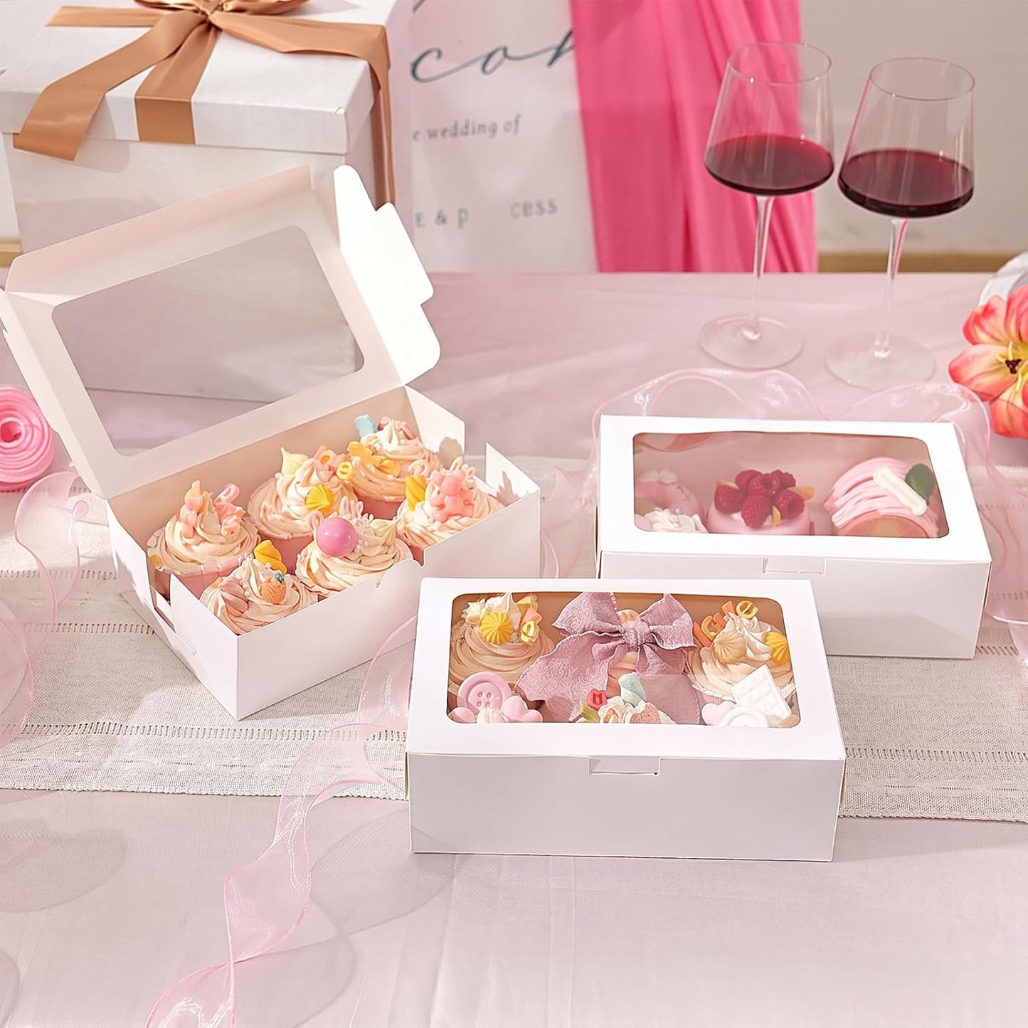 TOMNK 6 Count White Cupcake Boxes with Window - 36 Total Capacity Cupcake Carrier Sets for Birthday Holiday Party Bakery Supplies