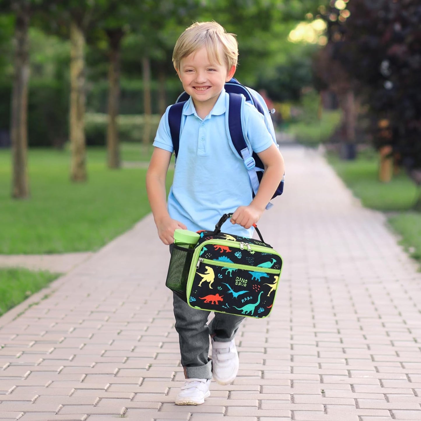 Kids Lunch Bag Boys - Insulated Kids Lunch Box Reusable Lunchbox with Water Bottle Holder Toddler Lunch Tote Bag for School Daycare, Black Dino Fossil