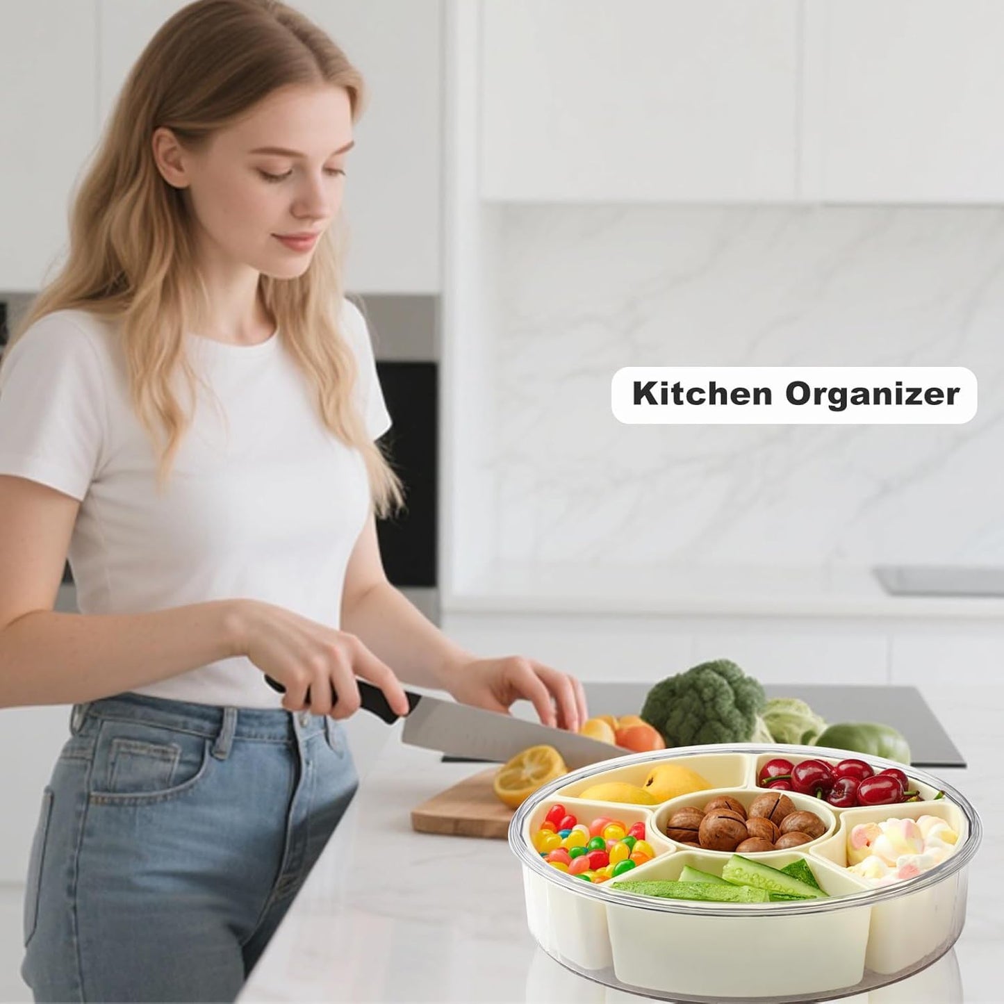 Rotating Divided Serving Tray with Lid and Handle,6 Compartments Snackle Box Container,12" Large Snack Spinner Lazy Susan,Fruit Veggie Tray Portable Round Snack Box Candy Fridge Organizer Platterbox