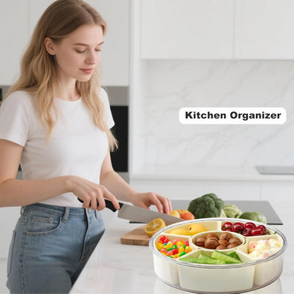 Rotating Divided Serving Tray with Lid and Handle,6 Compartments Snackle Box Container,12" Large Snack Spinner Lazy Susan,Fruit Veggie Tray Portable Round Snack Box Candy Fridge Organizer Platterbox