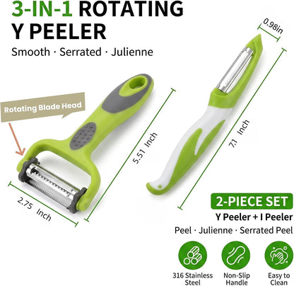 Razor-Sharp 4 In 1 Veggie Peelers For Kitchen Potato Peeler,2PCS I&Y Peeler For Peeling-Slicing-Shredding-Julienning-Excising,Vegetable Peeler With Rotary Stainless Blade& Non-Slip Handle