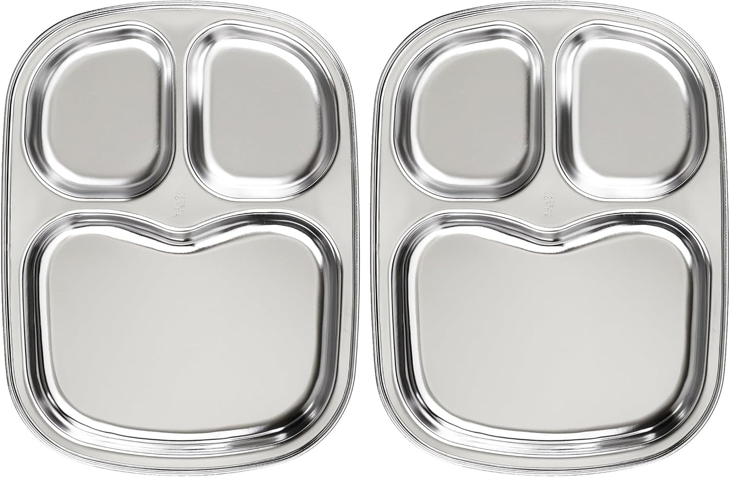 Korean Stainless Steel Divided Plates for Adults, Teens, Premium 304, Electro-Polished, No Black Residue, BPA-Free, Large 5-Compartment Food Tray, Diet Portion Control, Camping, Set of 2