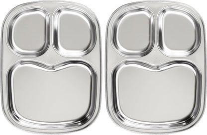 Korean Stainless Steel Divided Plates for Adults, Teens, Premium 304, Electro-Polished, No Black Residue, BPA-Free, Large 5-Compartment Food Tray, Diet Portion Control, Camping, Set of 2