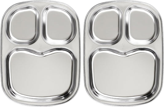Korean Stainless Steel Divided Plates for Adults, Teens, Premium 304, Electro-Polished, No Black Residue, BPA-Free, Large 5-Compartment Food Tray, Diet Portion Control, Camping, Set of 2