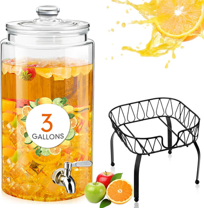 Honeydak 2 Pack 3 Gallon Glass Drink Dispenser for Parties Glass Beverage Dispenser with Stand and Spigot Leakproof Iced Water Storage Lemonade Juice Jar Mason with Lids for Wedding Parties Kitchen