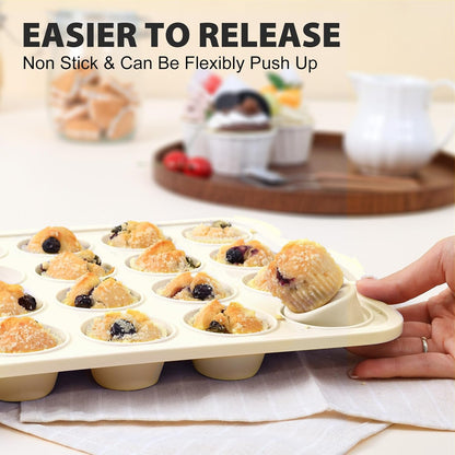 3Pcs Silicone Muffin Pan 6, 12 and 24 Cup with Metal Frame, Non Stick Jumbo Cupcake Pan with Handles, BPA Free Silicon Mini Muffin Tin Regular Tray For Baking,Egg Bites,Mold Light Grey