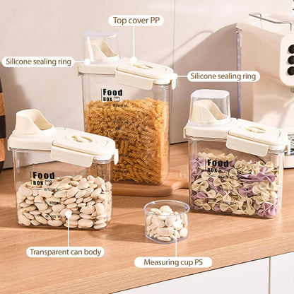 2800ml sealed food storage container with dumping outlet and handle, 2 transparent plastic kitchen grain distributors, suitable for grains, snacks, beans and flour.