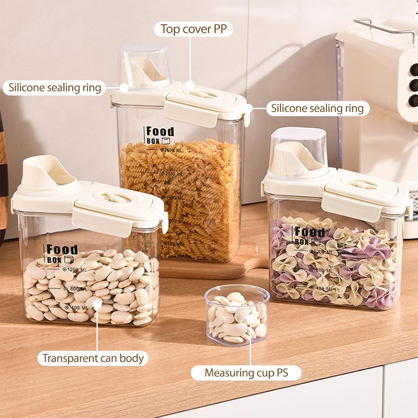 2800ml sealed food storage container with dumping outlet and handle, 2 transparent plastic kitchen grain distributors, suitable for grains, snacks, beans and flour.