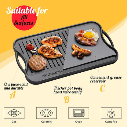 Overmont Pre-seasoned 17x9.8" Cast Iron Reversible Griddle Grill Pan with handles for Gas Stovetop Open Fire Oven, One tray, Scrapers Included