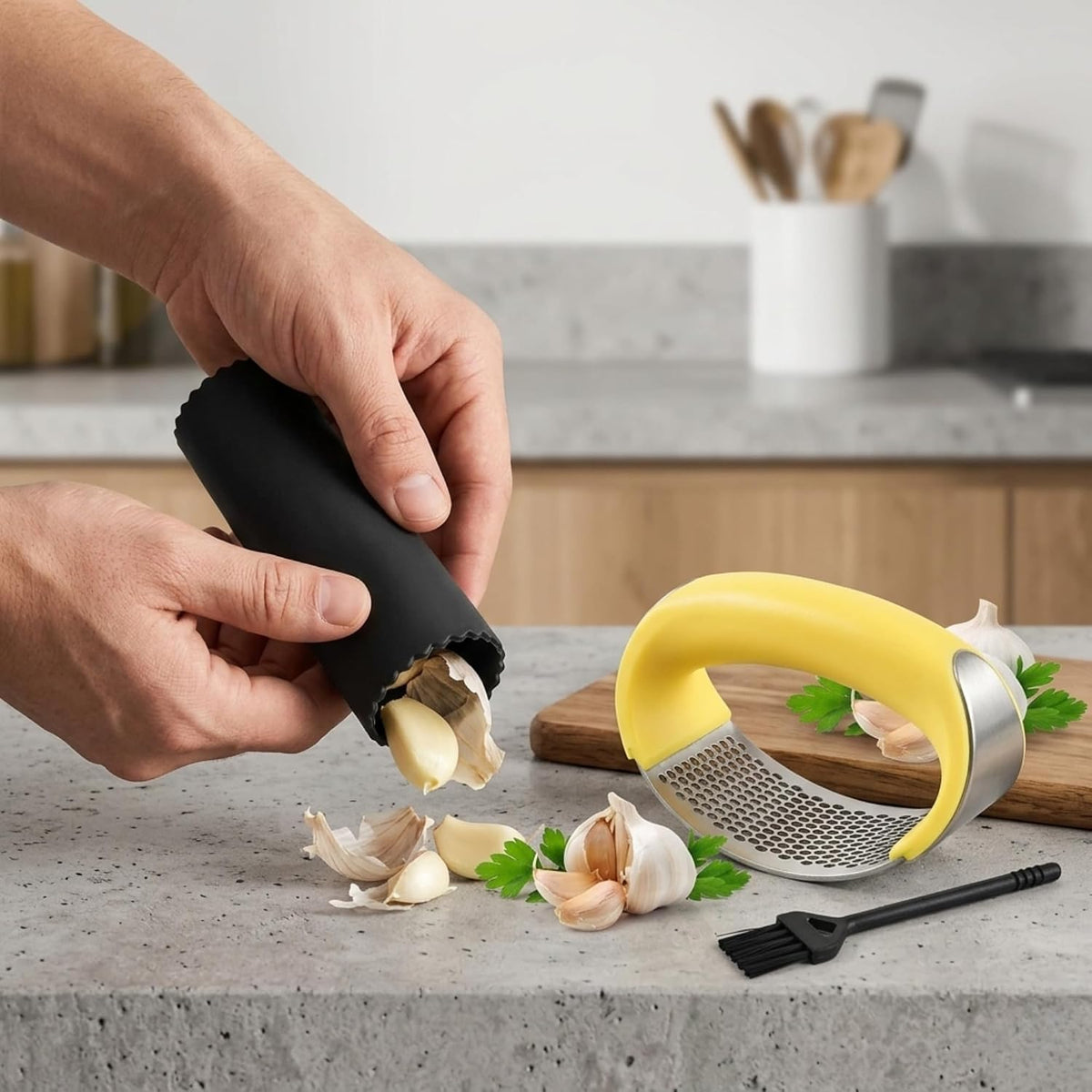 Angel's Peel Lounge Stainless Steel Garlic Press Rocker Set with Silicone Garlic Peeler & Cleaning Brush – Garlic Chopper, Mincer, Grater, Crusher – Easy for Crushed Cloves – Rust-Resistant, Black