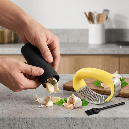 Angel's Peel Lounge Stainless Steel Garlic Press Rocker Set with Silicone Garlic Peeler & Cleaning Brush – Garlic Chopper, Mincer, Grater, Crusher – Easy for Crushed Cloves – Rust-Resistant, Black