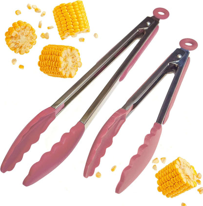 StarPack Premium Silicone Kitchen Tongs Set of 2 (9-Inch & 12-Inch) - Stainless Steel with Non-Stick Silicone Tips, High Heat Resistant to 480°F, For Cooking, Serving, Grill, BBQ & Salad (Cherry Red)