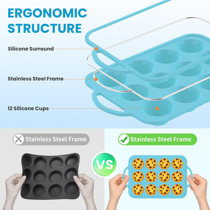 2Pack Silicone Muffin Pan for Baking with Metal Reinforced Frame, 12 Cup Regular Size Cupcake Pan, BPA Free Silicone Muffin Tray, Cupcake Baking Pan Molds for Oven Dishwasher Safe - Blue