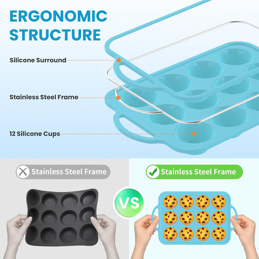 2Pack Silicone Muffin Pan for Baking with Metal Reinforced Frame, 12 Cup Regular Size Cupcake Pan, BPA Free Silicone Muffin Tray, Cupcake Baking Pan Molds for Oven Dishwasher Safe - Blue