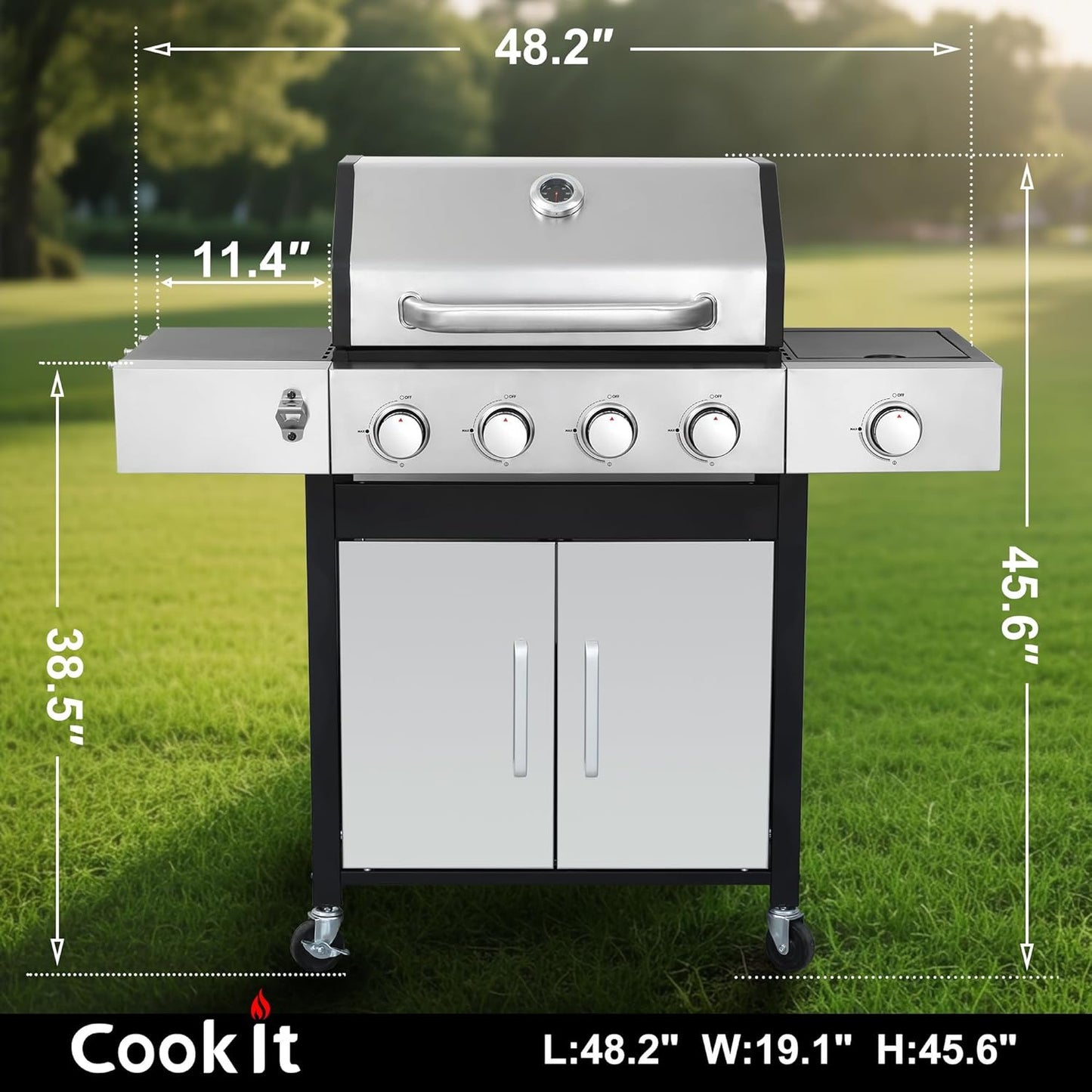 69000 BTU Output Propane Gas Grill with Side Burner and 6 Main Burners - Double-layer Stainless Steel Lid, Cast Iron Grids and Plate, Easy-Clean Grease Management for Perfect BBQs