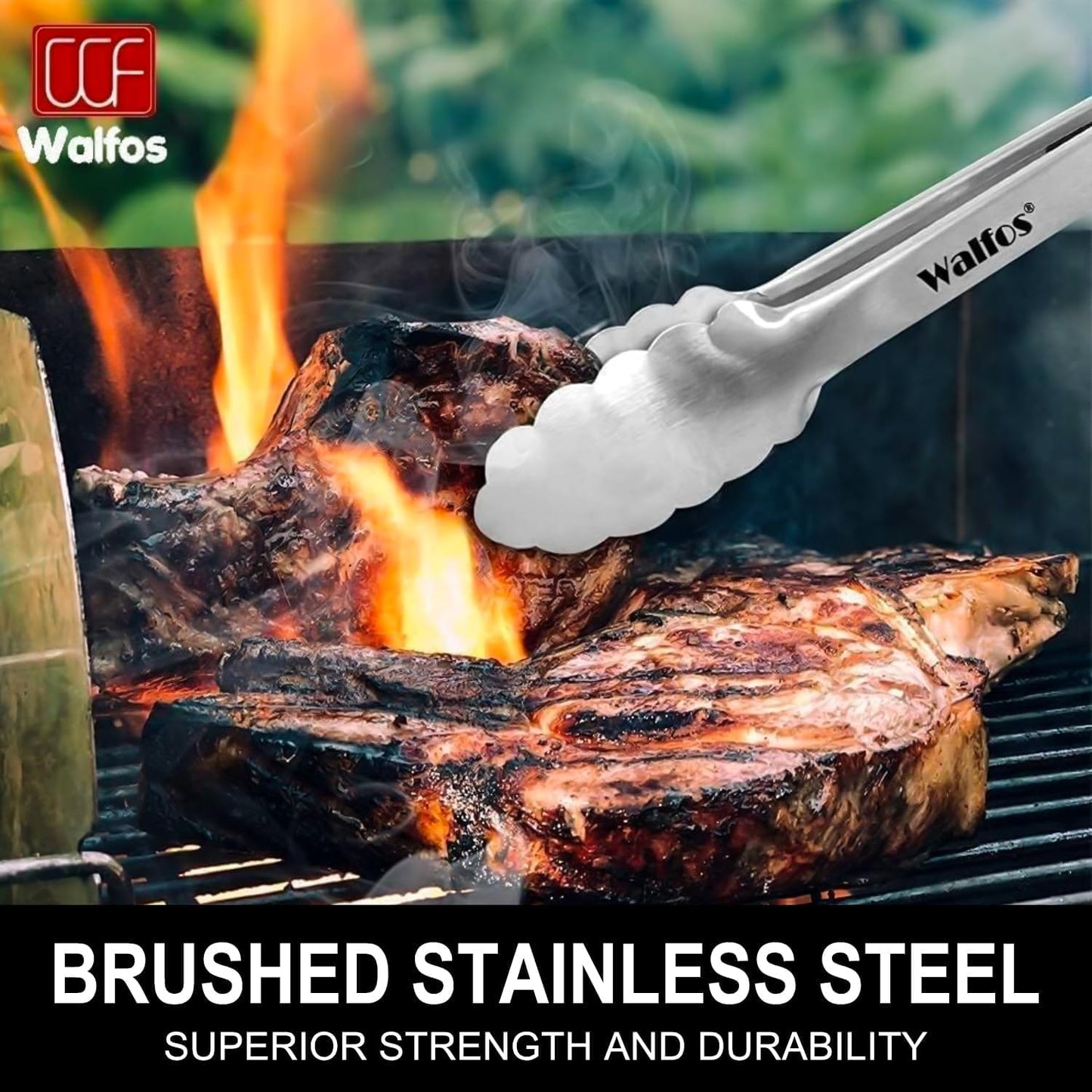 Walfos Kitchen Tongs for Cooking, 600℉ Heat Resistant Stainless Steel Tongs, All Metal Heavy Duty Tongs For Food ,BBQ Grilling - 7 ，9 and 12 Inch ,Set of 3