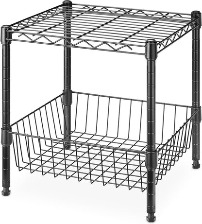 Whitmor 2-Wire Shelving Unit, Metal Storage Shelves, Stacking Shelf with Basket, Easy Assembly Home Organizer for Pantry, Kitchen, Garage, Plant