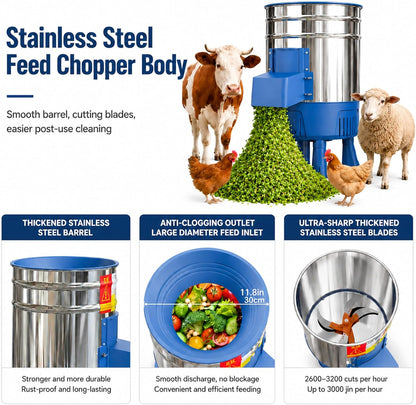 Commercial Electric Vegetable Chopper, 1500W Stainless Steel Poultry Feed Processor, Multifunctional Food Chopper for Chicken, Cattle, Sheep, Farm & Household Livestock Feed Shredder 2200W