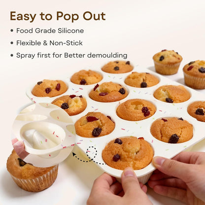 Silicone Muffin Pans for Baking Nonstick 2 Pcs, 12 Cup Regular Cupcake Pan, Food-Grade Silicone Baking Molds for Cupcakes, Egg Bites, Freezer, White