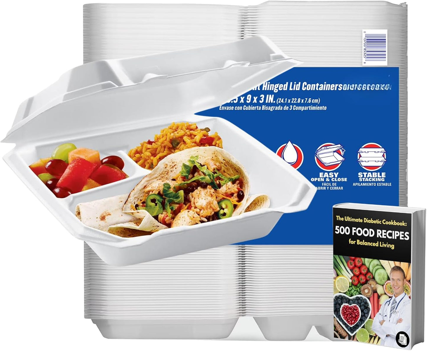 maker explorador Supreme Foam Hinged Lid Containers — 3-Compartment Disposable Foam Takeout Boxes, 60 -Pack, Leak-Resistant & Soak-Proof, Ideal for Meals, Takeout, Catering & Leftovers