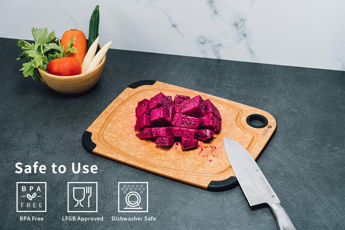 Cutting Board for Kitchen Dishwasher Safe, Toptier, Wood, Fiber , Eco-Friendly, Non-Slip, Juice Grooves, Non-Porous, BPA Free, Small, Silicone, 11.5 x 9.25-inch, Natural Slate