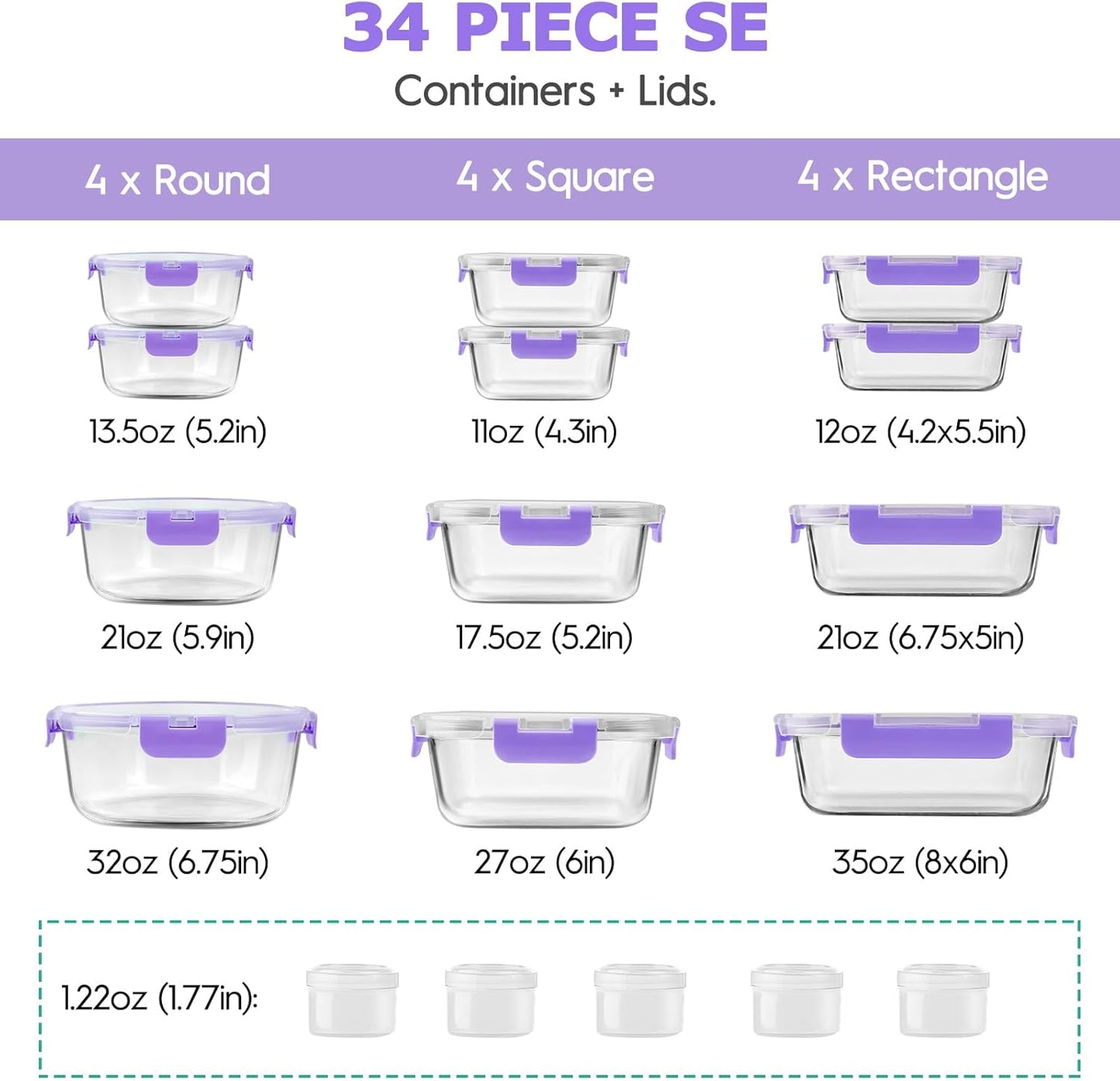 34pcs Glass Food Storage Containers with Lids Set, Airtight Glass Meal Prep Containers (17 Containers & 17 Lids), Leak Proof Lunch Container BPA-Free, Microwave, Oven, Freezer, Dishwasher Safe-Blue