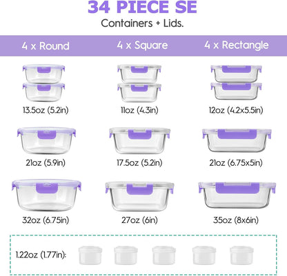 34pcs Glass Food Storage Containers with Lids Set, Airtight Glass Meal Prep Containers (17 Containers & 17 Lids), Leak Proof Lunch Container BPA-Free, Microwave, Oven, Freezer, Dishwasher Safe-Blue