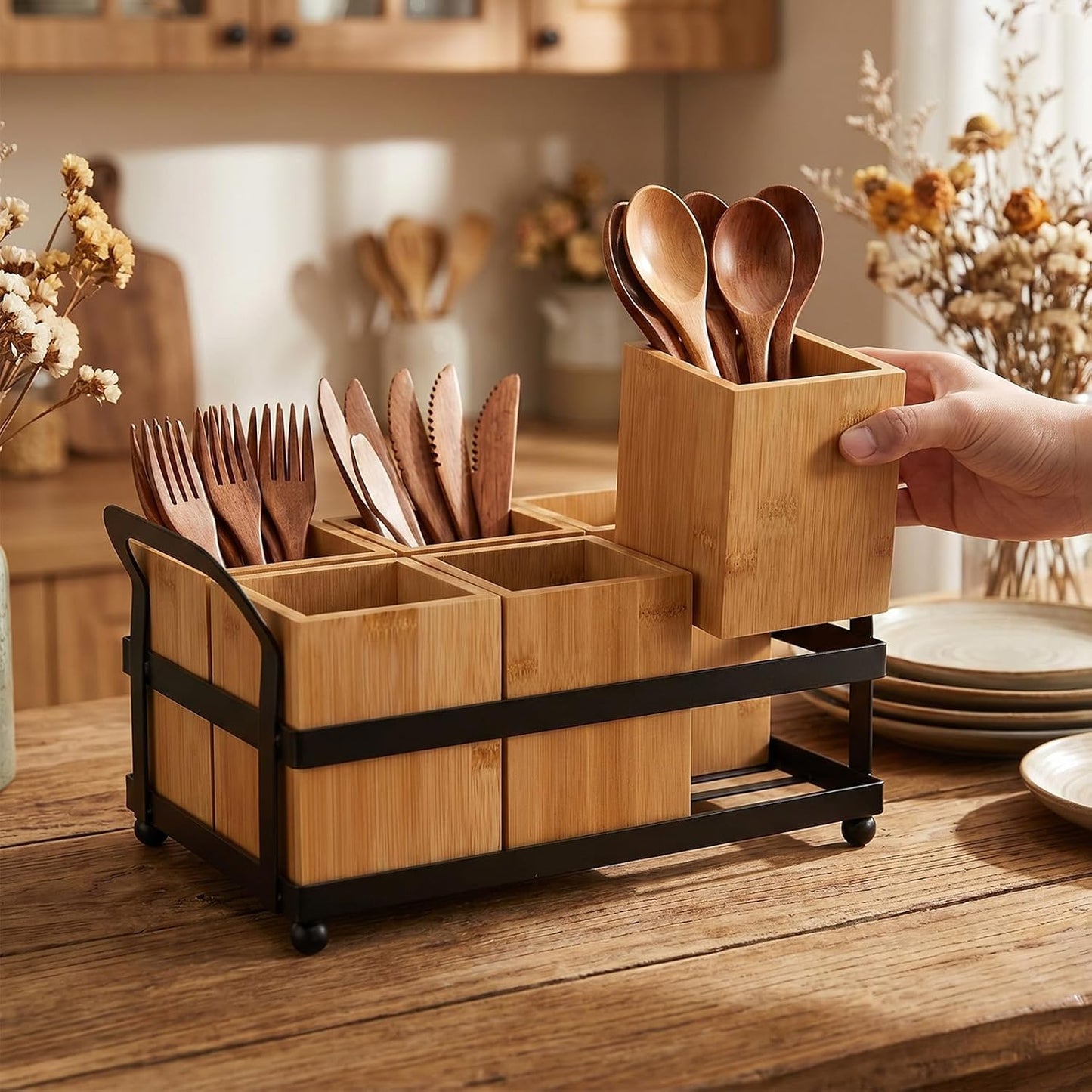 Silverware Caddy with 4 Removable Bamboo Compartments, Wood Utensil Holder & Paper Plate Dispenser for Countertop Organizing, Flatware, Spoons, Forks, Parties, BBQs, Picnics