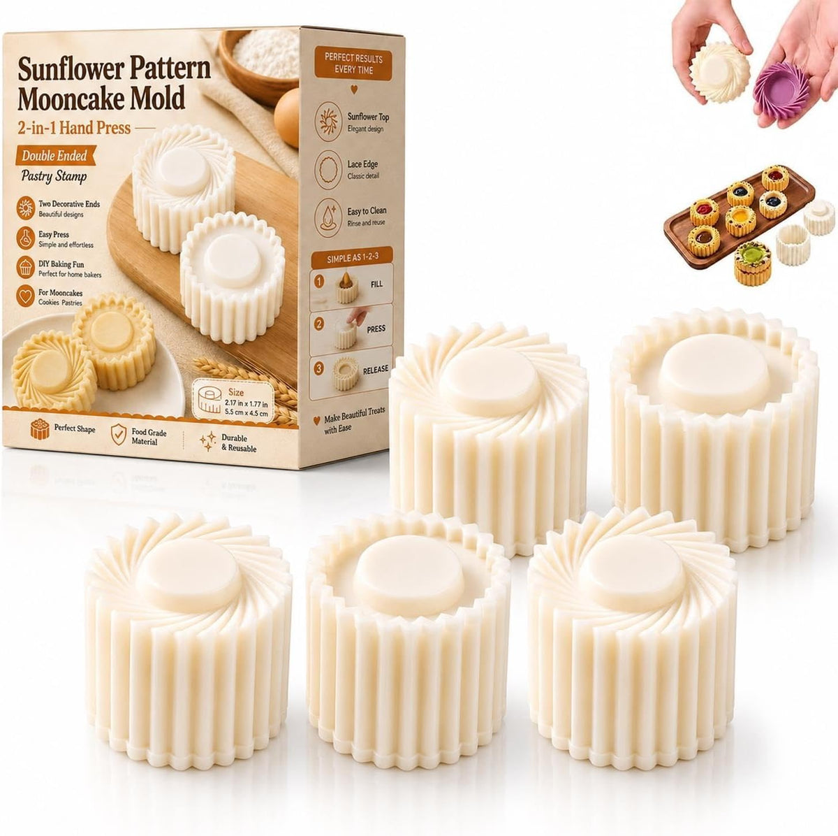 Mooncake Mold Sunflower Pattern Double Ended Hand Press Pastry Stamp