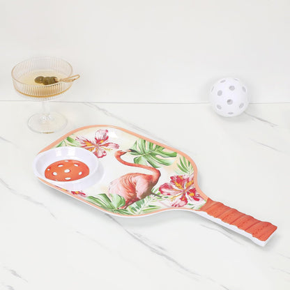 UPware Flamingo Melamine Chip and Dip Snack Tray, Tropical Floral Pickleball Paddle Shape Platter for Chips, Salsa, Fruits, and Appetizers, 15.75 x 8 Inch
