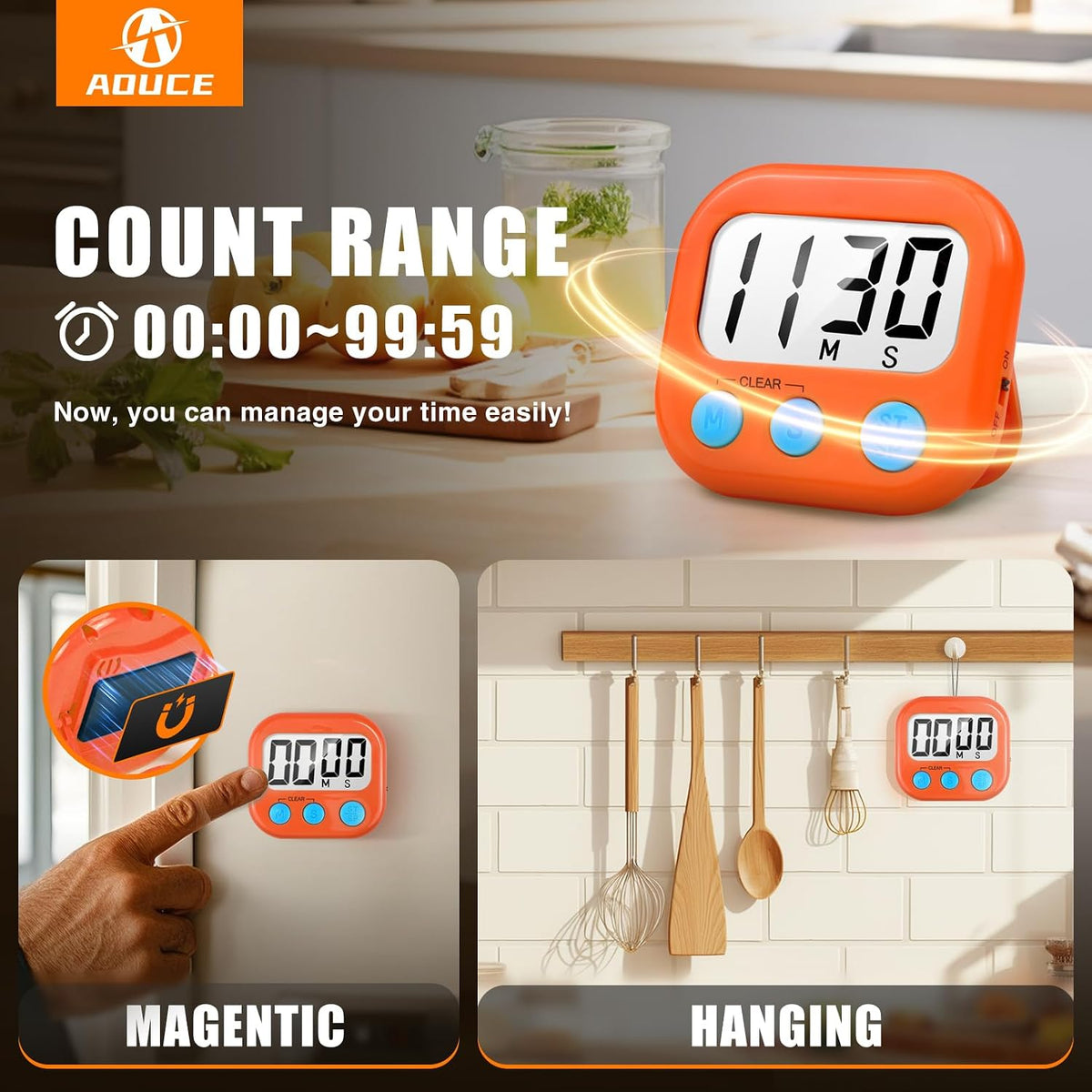 AOUCE Digital Kitchen Timers for Cooking, Timer for Kids 2 Pack White