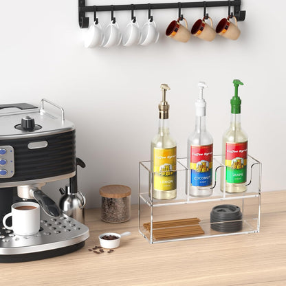 Coffee Condiment and Cup Organizer - 2-Tier Upright Cup and Lid Holder with Straw Organizer 2 Compartments Clear Acrylic Cup Dispenser for Restaurant Breakroom Coffee Station Countertop