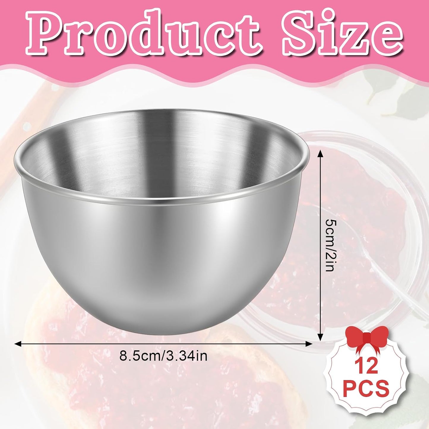 12 Pack 3.4inch Stainless Steel Sauce Dishes, Mini Individual Round Sauce Bowl, Sushi Dipping Bowl, Ingredient Bowls for Prep, Sliver