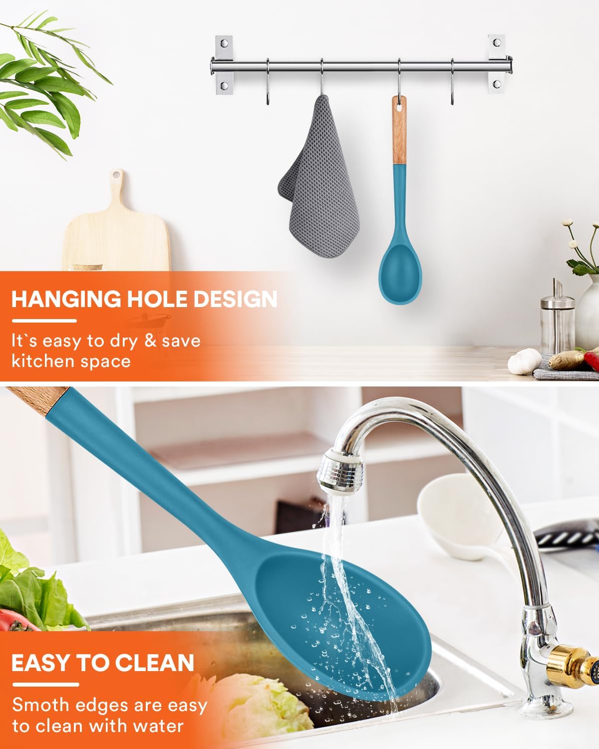 Large Silicone Cooking Spoons, Nonstick Solid Wooden Handle Spoon, Heat Resistan Silicone Kitchen Spoons for Cooking, Serving, Basting, Mixing, 13.2inch (Grey)