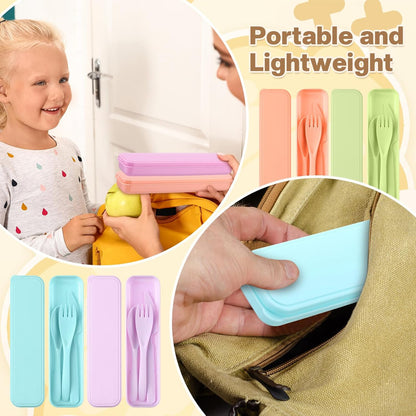 Jinei 50 Sets Reusable Travel Utensils Set with Case Wheat Straw Cutlery Portable Spoon Knife Forks Lunch Box Accessories Friendly Tableware for Kids Adults Camping Utensils(Bright)
