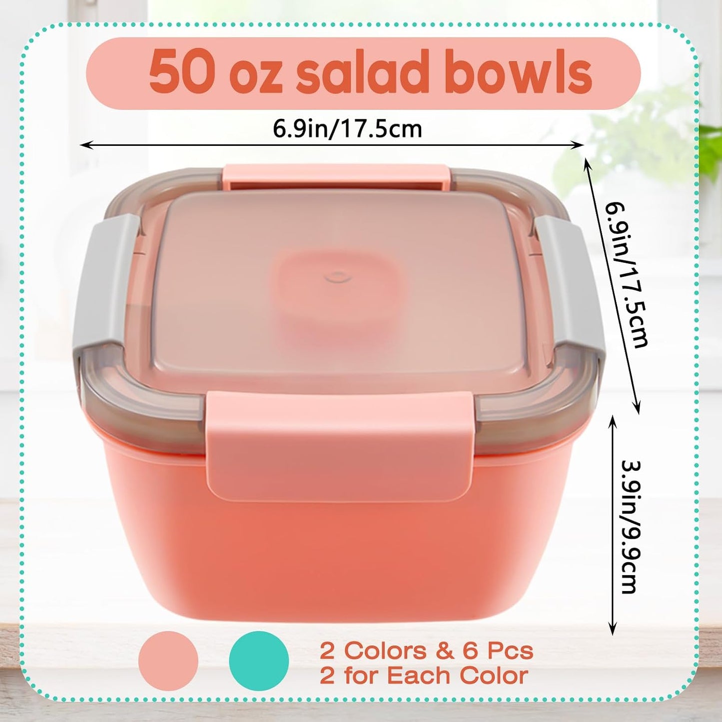 Tessco for you 6 Pcs Salad Lunch Container 50 oz Salad Container with 3 Compartment Reusable Bento Box for Adults Stackable Lunch Bowl for Meal Snack Fruit(Pink)